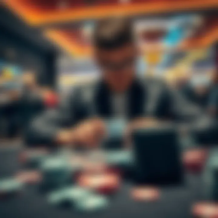 A focused poker player at a table, using a calculator while analyzing cards and chips, highlighting probability calculations.