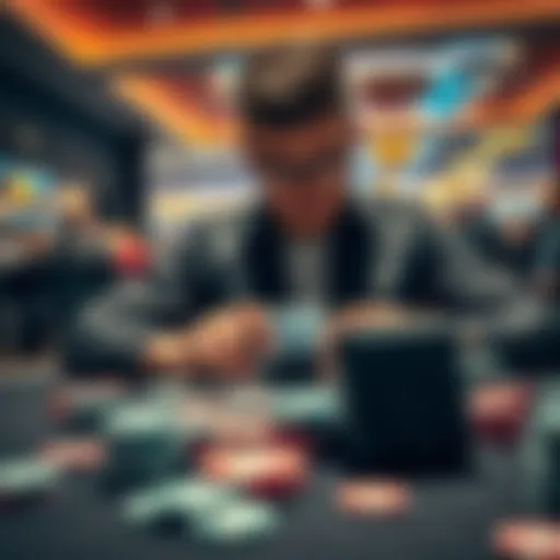 Poker Game with Player Calculating Odds A focused poker player at a table, using a calculator while analyzing cards and chips, highlighting probability calculations.