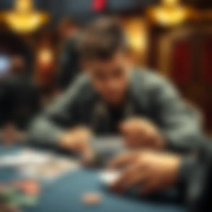 A focused poker player sitting at a table, analyzing their cards and chips, with a thoughtful expression as they consider their next move in a game of chance.