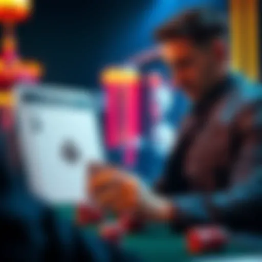 A poker player examines a card protector next to a range chart during a game