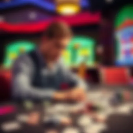 Poker player at casino table A frustrated poker player sitting at a casino table, looking overwhelmed with cards and chips scattered around, trying to learn the game