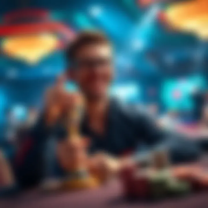 A poker player with a big smile holding a trophy and chips at a casino table, showing their success in tournaments.