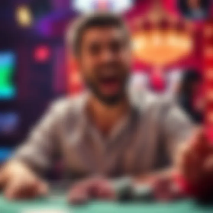 A happy poker player with chips in hand, celebrating a close call to win money after folding wisely during a tournament.