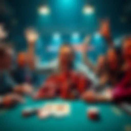 A poker player at a table joyfully celebrating a big win with chips piled high in front of him, surrounded by excited friends.