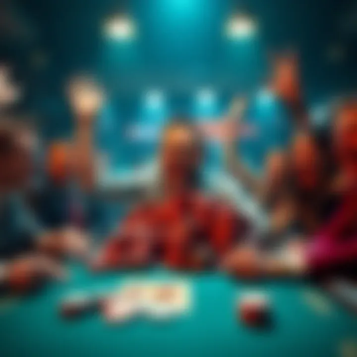 A poker player at a table joyfully celebrating a big win with chips piled high in front of him, surrounded by excited friends.