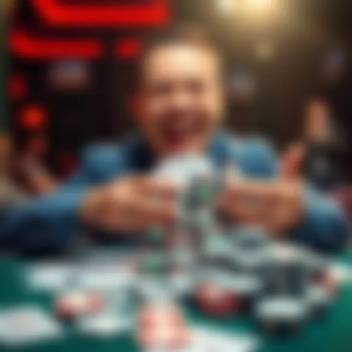 Poker Player Celebrating a Win A poker player with a big smile holding a pile of chips after a big win at the table, with cards spread out in front of him.