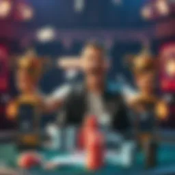 A poker player joyfully holding two trophies at a table, surrounded by playing cards and chips, showcasing excitement after a big win.