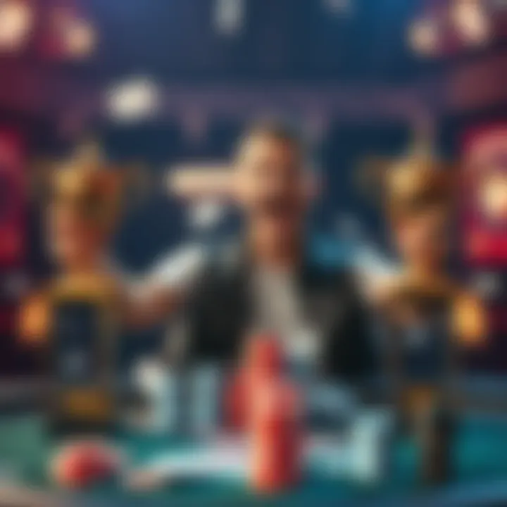 A poker player joyfully holding two trophies at a table, surrounded by playing cards and chips, showcasing excitement after a big win.