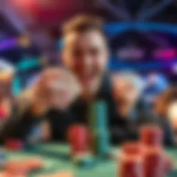 A poker player with a big smile holding a stack of chips at a table with cards in hand, showcasing excitement after a winning hand