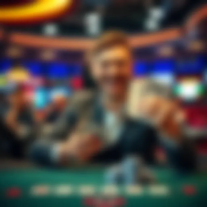 A happy poker player celebrating after winning a Bad Beat Jackpot, holding a stack of cash and grinning happily at the poker table.