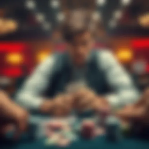 A frustrated poker player sitting at a table with cards and chips, reflecting on recent losses in Texas Hold'em.