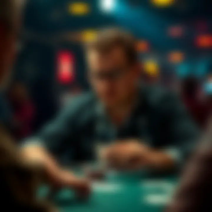 A poker player thoughtfully checking their hand during the turn, considering strategy to increase their winnings at the river.