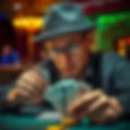 Poker player checking cards A poker player looking at their cards after hitting a flush draw on the river, contemplating their next move.