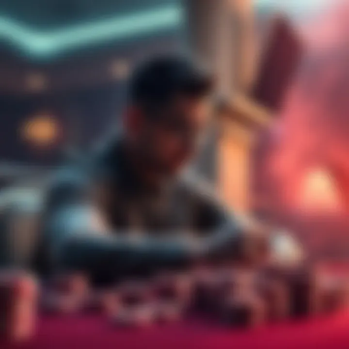 A poker player sitting at a table with poker chips and cards, focused on the game