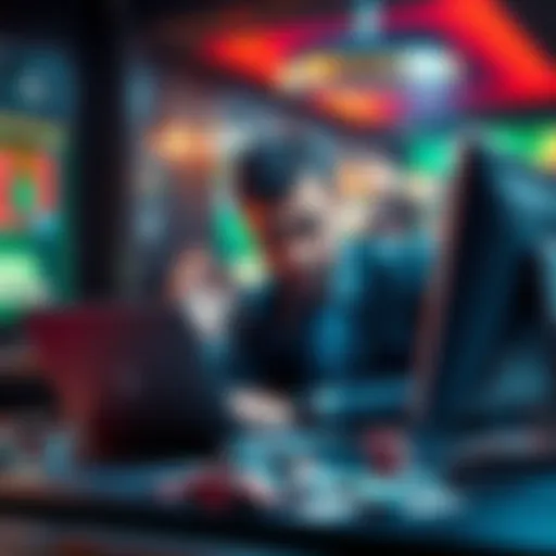 Poker player at computer A poker player sitting at a desk, focused on their laptop with poker chips and cards nearby, showing emotions of concentration and frustration