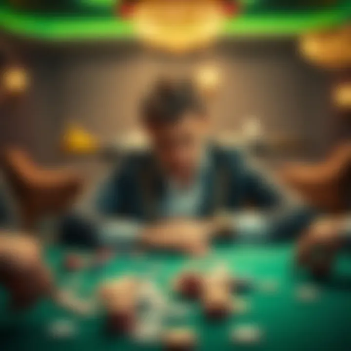 Conflicted Poker Player A frustrated poker player sitting at a table with chips scattered, showing signs of disappointment after losing money in a game.