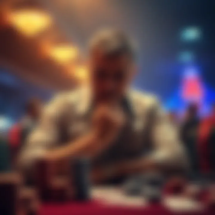 A poker player in a tense moment, deep in thought after a surprising river bet, surrounded by poker chips and cards at Dusk till Dawn.