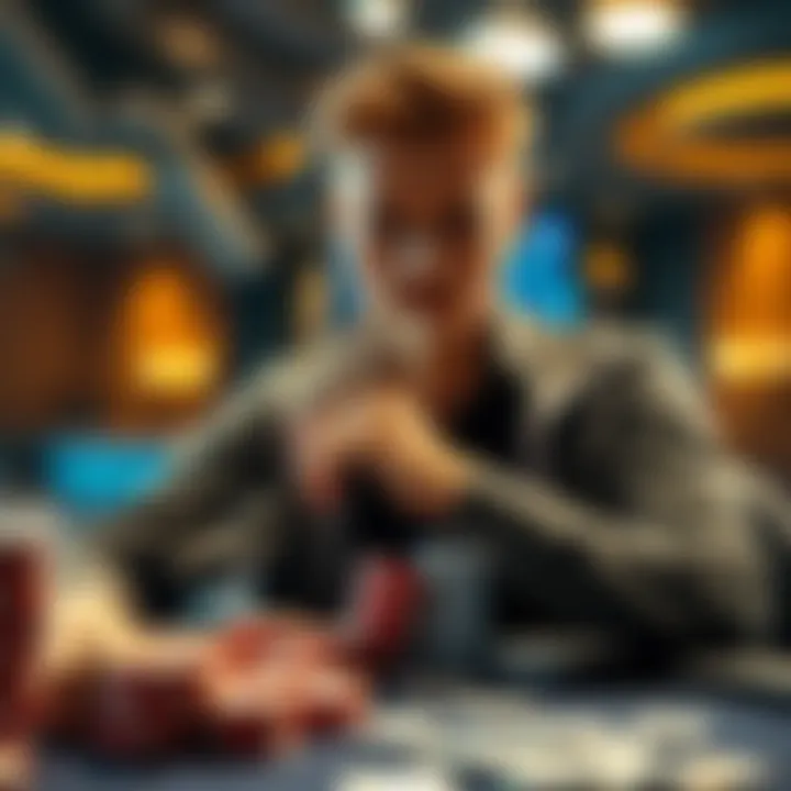 A focused poker player sitting at a table, analyzing his hand with a thoughtful expression, surrounded by cards and chips.