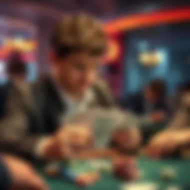 A poker player looks thoughtfully at his cards, considering whether to bet or fold while surrounded by chips and other players at the table.