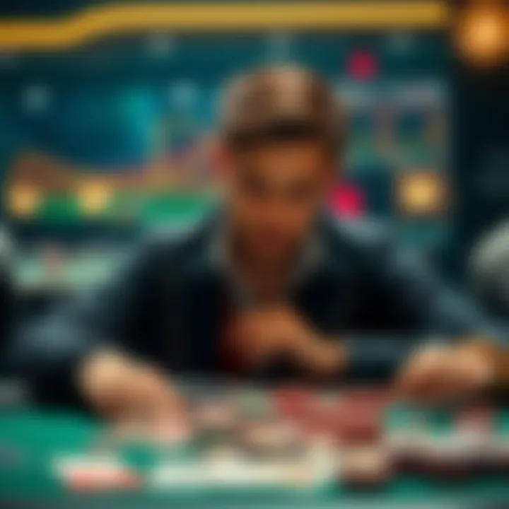 A poker player sitting at a table, counting a large pile of chips with a focused expression and a deck of cards nearby.