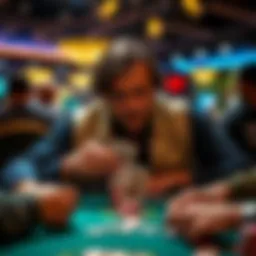 A focused poker player at a table, dealing cards with a serious expression, surrounded by chips and players. A tense atmosphere after a recent bad beat.