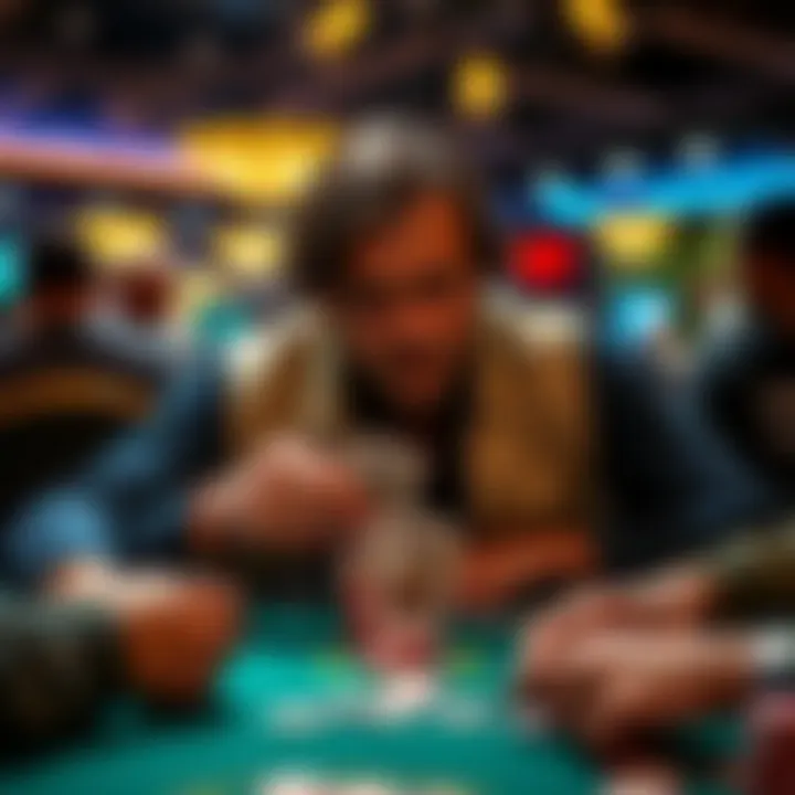 A focused poker player at a table, dealing cards with a serious expression, surrounded by chips and players. A tense atmosphere after a recent bad beat.