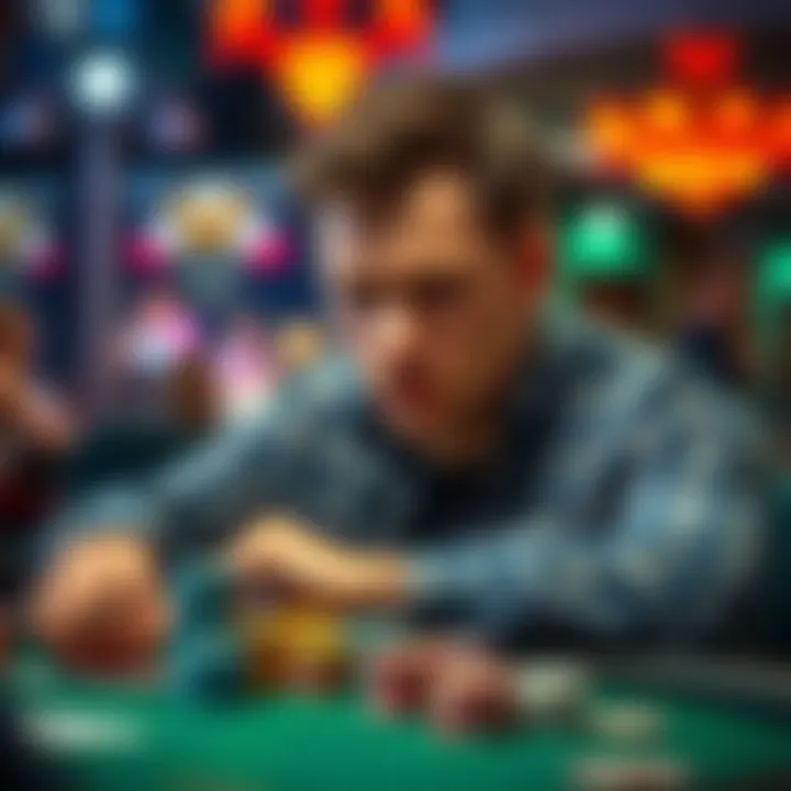 A poker player contemplating a decision with chips in front of them during a tournament bubble situation