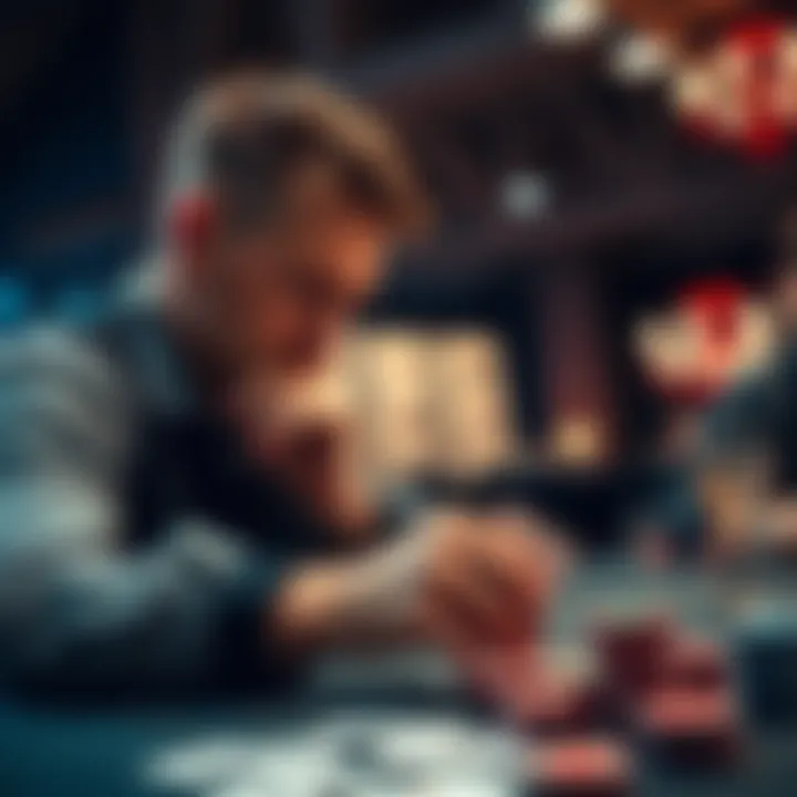 A poker player in the CO position contemplating a decision while a drunk player goes all-in. The table has poker chips and cards visible, showing an intense moment.