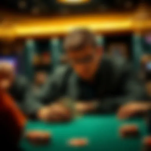 A poker player examines their cards at the table, contemplating a raise after a flop of 8 6 4.