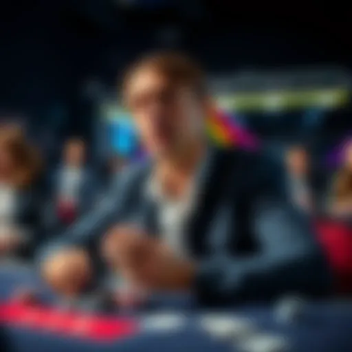 A poker player sitting at a table looking thoughtful while examining his cards and chips, with other players in the background watching.