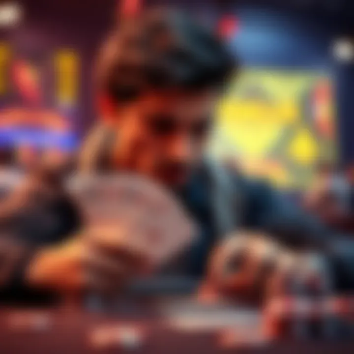 A poker player looks at his cards, pondering whether to call or fold as two opponents are all-in, with red three cards in hand.