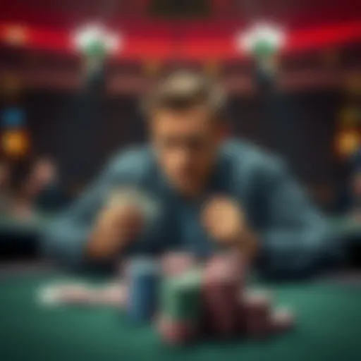 A person sitting at a poker table with a worried expression, holding cards and staring at a stack of chips, reflecting on the game situation.