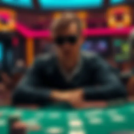 A player sitting at a poker table, contemplating a big bet with focused expression, surrounded by cards and chips.