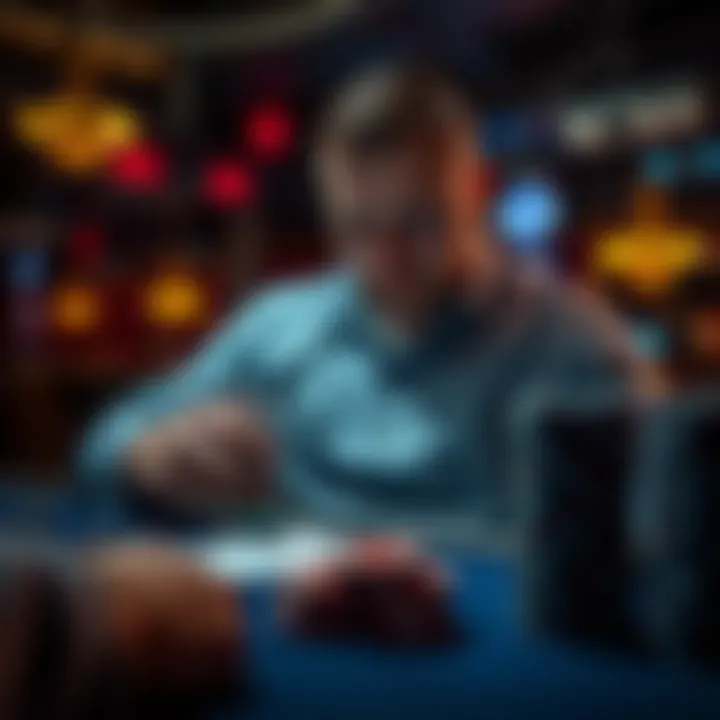 A poker player looks thoughtfully at their cards and the table, contemplating the next move after the flop.