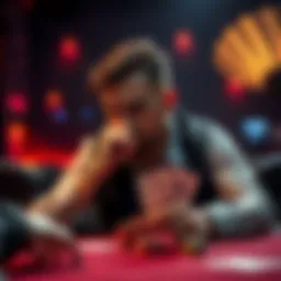 Player considering a poker move A poker player with A,K suited looking at the table, deep in thought about calling a big bet against an opponent with a pocket pair.
