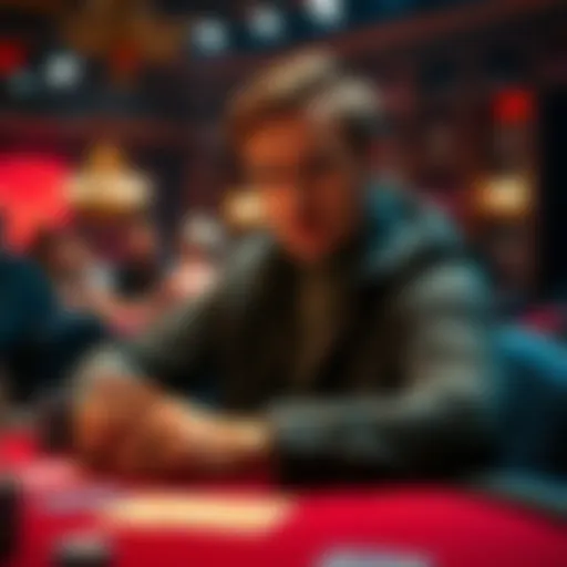 A poker player sits at a table with cards, considering an all-in move, with a focused expression and a flush draw in hand.