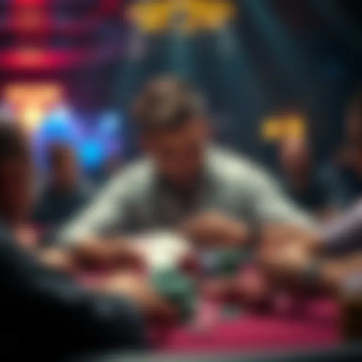 A poker player contemplating their move with A7o at the final table surrounded by other players and chips.