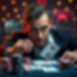 A poker player contemplating whether to call or fold with red queens, showing tension on their face, surrounded by poker chips and cards on the table.