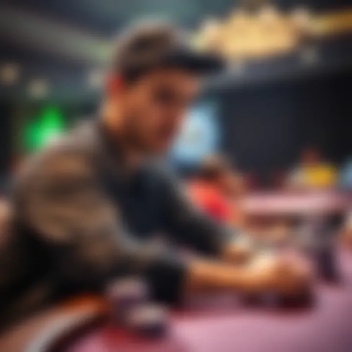 A poker player at a table looking stressed while considering their options with AKo hand
