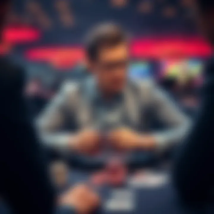 Poker player contemplating a big decision A focused poker player sitting at a table, considering whether to go all-in or just call after a strong raise from an opponent, with cards and chips in front of him.