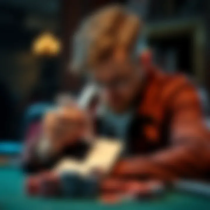 A focused poker player looking at their cards and chips, considering whether to fold or continue playing.