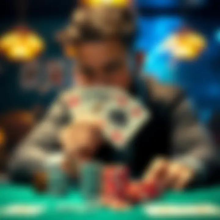 A poker player thinking at the table, holding Q5 of spades and hearts, with chips in front, considering an All-In move.
