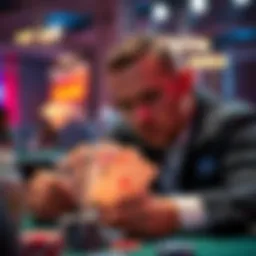 A poker player with a thoughtful expression, looking at their cards, debating whether to fold a pair of kings in a tense game setting.