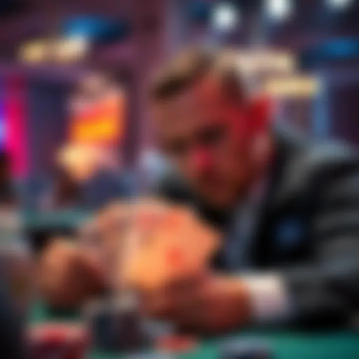 A poker player with a thoughtful expression, looking at their cards, debating whether to fold a pair of kings in a tense game setting.