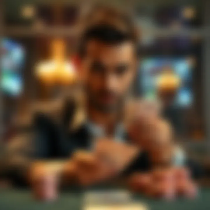 A thoughtful poker player staring at his cards, weighing the risks of continuing in a high-stakes game after a strong flop.