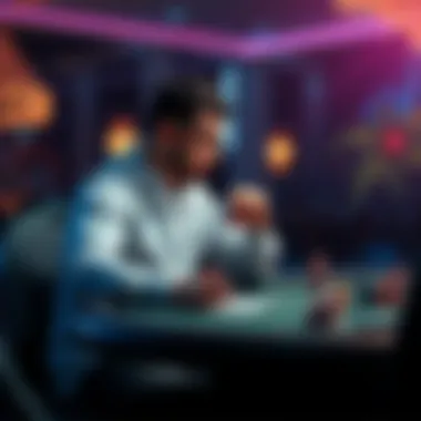 A poker player seated at a table, contemplating a fold during a tense 5/5 game with KTo in hand.