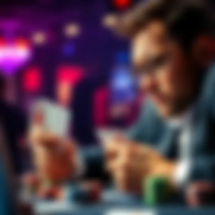 A poker player looks at his cards while considering a fold in an online game, showcasing tension and focus.