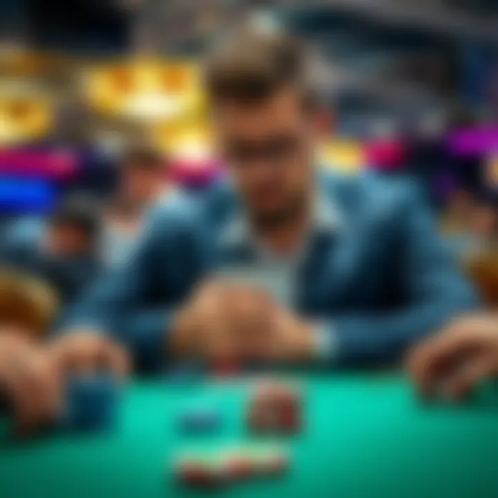 A poker player reviews their hand at a tournament table, considering their next move with a focused expression