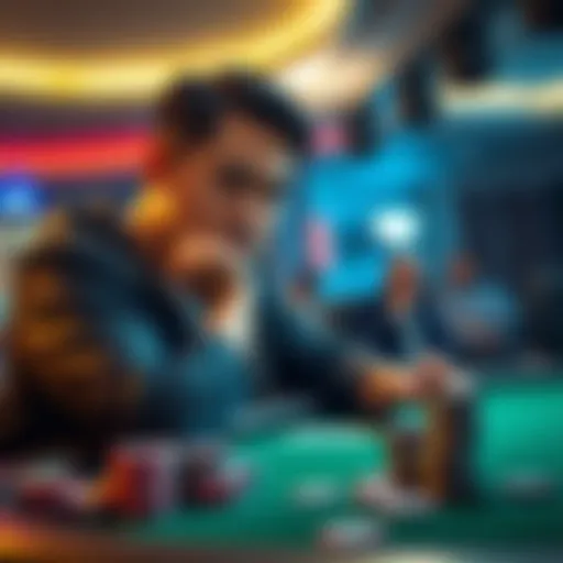 A poker player sitting at the table, deep in thought, with chips and cards in front of him, considering whether to fold or play.