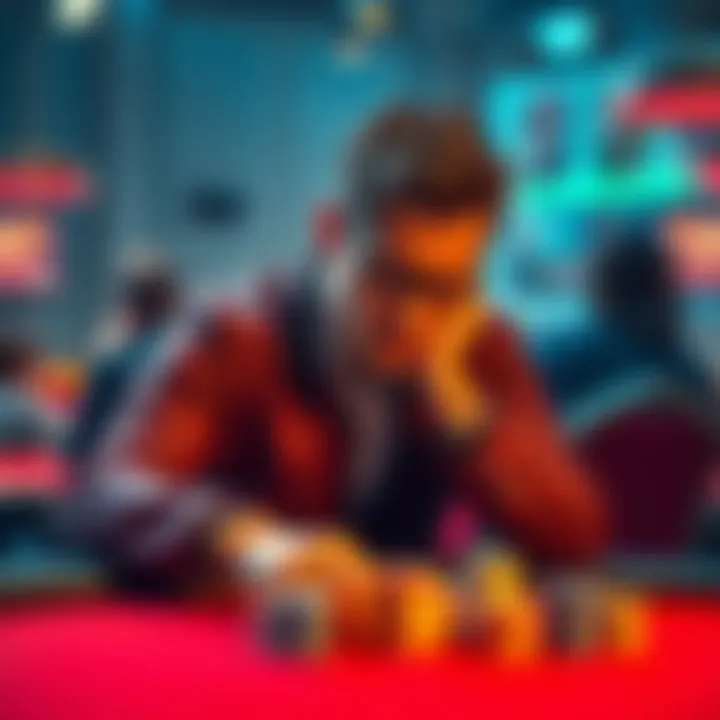 A poker player sitting at a table, looking thoughtful while analyzing his all-in move with ATs during a satellite tournament with a short stack.